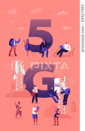 5g Technology Concept. Workers on Transmitter Tower Set Up High-speed Mobile Internet, New Generation Networks 5g Technology Concept. Workers on Transmitter Tower Set Up High-speed Mobile Internet, New Generation Networks 64927463