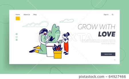 Mother and Daughter Gardening Hobby Website Landing Page. Woman and Girl Care of Plant in Garden, Watering Mother and Daughter Gardening Hobby Website Landing Page. Woman and Girl Care of Plant in Garden, Watering 64927466
