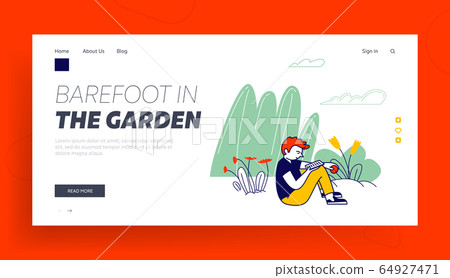 Summertime Vacation, Holidays Recreation, Relax Website Landing Page. Teenage Boy Sitting Outdoors in Garden Summertime Vacation, Holidays Recreation, Relax Website Landing Page. Teenage Boy Sitting Outdoors in Garden 64927471