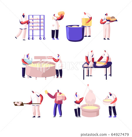 Bakery and Cheese Factory, Food Production Set. Bakers Characters Kneading Dough, Cheesemaker Decant Dairy Mass Bakery and Cheese Factory, Food Production Set. Bakers Characters Kneading Dough, Cheesemaker Decant Dairy Mass 64927479