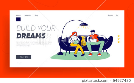 Freelance Self-employed Occupation Website Landing Page. Freelancers Sitting on Couch Working Distant on Laptop Freelance Self-employed Occupation Website Landing Page. Freelancers Sitting on Couch Working Distant on Laptop 64927480
