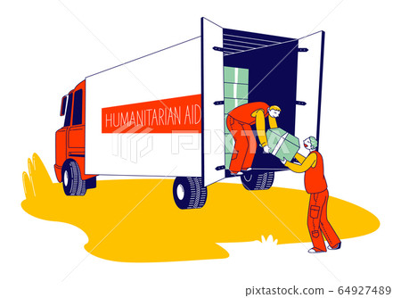 Volunteers Distribute Boxes with Humanitarian Aid. Distribution of Food and Basic Necessities to Refugees, Poor People 64927489