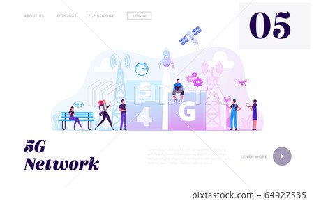 5g and 4g Network Wireless Technology Landing Page. People at Transmission Tower Using High-speed Mobile Internet 64927535