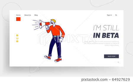Public Relations, Affairs Website Landing Page. Man Shout to Megaphone or Loudspeaker. Alert Advertising Campaign Public Relations, Affairs Website Landing Page. Man Shout to Megaphone or Loudspeaker. Alert Advertising Campaign 64927629