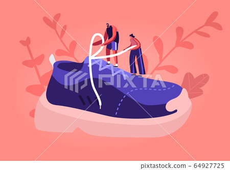 Sportswear and Shoes for Training Fashion Concept. Tiny Sportsman and Sportswoman Characters Tie Shoelaces on Huge Sneaker. People Buying and Wearing Sportive Footgear Cartoon Flat Vector Illustration 64927725