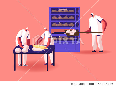 Bakery Factory and Food Production Concept. Bakers Characters Kneading Dough and Put Raw Bread Loafs to Oven for Baking. Workers on Modern Confectionery Manufacture. Cartoon Flat Vector Illustration Bakery Factory and Food Production Concept. Bakers Characters Kneading Dough and Put Raw Bread Loafs to Oven for Baking. Workers on Modern Confectionery Manufacture. Cartoon Flat Vector Illustration 64927726