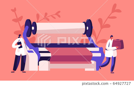 Textile Machinery Manufacture. Factory Worker Characters in Uniform Standing Near Controlling Panel of Huge Weaver Loom Creating Cloth. Plant Facilities, Equipment. Cartoon Flat Vector Illustration 64927727