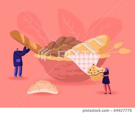 Bakery, Flour Products, Sweet Food Concept. Tiny Woman Holding Huge Cupcake with Chocolate Sprinkles. Pastry Muffin Treat Confectionery Man Take Fresh Bread from Plate Cartoon Flat Vector Illustration Bakery, Flour Products, Sweet Food Concept. Tiny Woman Holding Huge Cupcake with Chocolate Sprinkles. Pastry Muffin Treat Confectionery Man Take Fresh Bread from Plate Cartoon Flat Vector Illustration 64927778