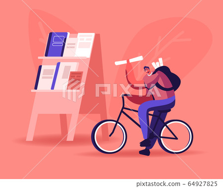 Young Man Selling Newspapers on Street. Salesman Character Ride Bike with Rucksack on Back Offering Press Social Media Publications to People, Information Distribution Cartoon Flat Vector Illustration Young Man Selling Newspapers on Street. Salesman Character Ride Bike with Rucksack on Back Offering Press Social Media Publications to People, Information Distribution Cartoon Flat Vector Illustration 64927825
