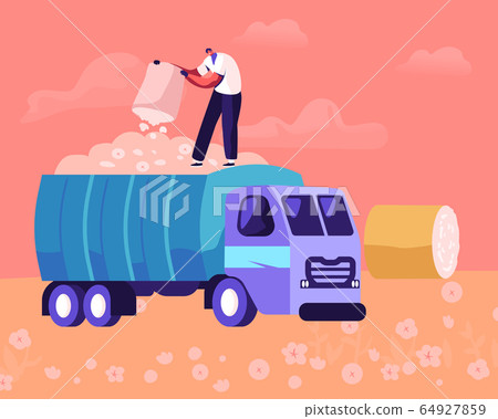 Man Pouring Ripe Cotton Flowers to Harvesting Industrial Machine on Field. Laborer Collecting Plants on Meadow with Hay Rolls around. Textile Production Manufacture Cartoon Flat Vector Illustration 64927859