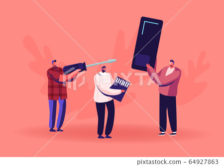 Fixing or Assembling Smartphone Service Concept. Male Character Holding Giant Mobile Phone. Engineer with Huge Screwdriver, Man Carry Secure Digital Memory Card. Cartoon Flat Vector Illustration Fixing or Assembling Smartphone Service Concept. Male Character Holding Giant Mobile Phone. Engineer with Huge Screwdriver, Man Carry Secure Digital Memory Card. Cartoon Flat Vector Illustration 64927863