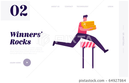 Successful Business Man Running Competition Website Landing Page. Leader Businessman Holding Huge Pile of Golden Coins Jump over Barriers, Leadership Web Page Banner. Cartoon Flat Vector Illustration Successful Business Man Running Competition Website Landing Page. Leader Businessman Holding Huge Pile of Golden Coins Jump over Barriers, Leadership Web Page Banner. Cartoon Flat Vector Illustration 64927864
