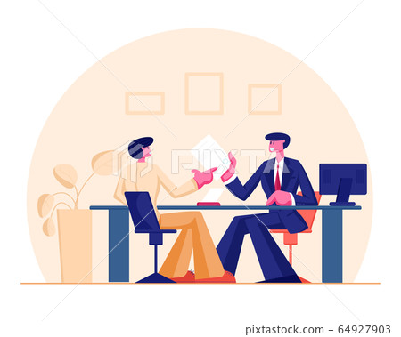 Man Customer Visiting Bank or Real Estate Agency for Taking Hypothec Mortgage Loan. Manager Sitting at Desk Holding Document Giving Approved Credit Contract to Client. Cartoon Flat Vector Illustration Man Customer Visiting Bank or Real Estate Agency for Taking Hypothec Mortgage Loan. Manager Sitting at Desk Holding Document Giving Approved Credit Contract to Client. Cartoon Flat Vector Illustration 64927903