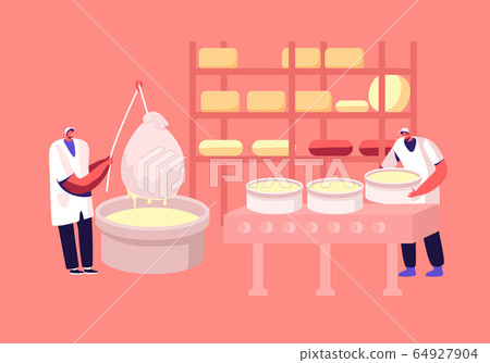 Workers Decant Dairy Mass in Professional Factory Equipment and Put into Special Round Forms for Making Cheese Blocks. Different Types of Cheese Lying on Shelves Cartoon Flat Vector Illustration Workers Decant Dairy Mass in Professional Factory Equipment and Put into Special Round Forms for Making Cheese Blocks. Different Types of Cheese Lying on Shelves Cartoon Flat Vector Illustration 64927904