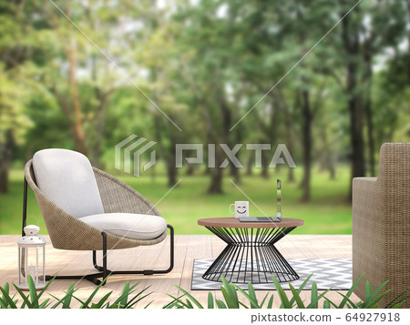 Outdoor terrace with blurry nature view blackground 3d render 64927918