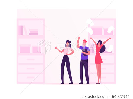 Male and Female Employees Characters Happily Laughing at Office Workplace, Cheerful Business People Team Rejoice for New Working Project Success Teamwork Group Working Cartoon Flat Vector Illustration 64927945