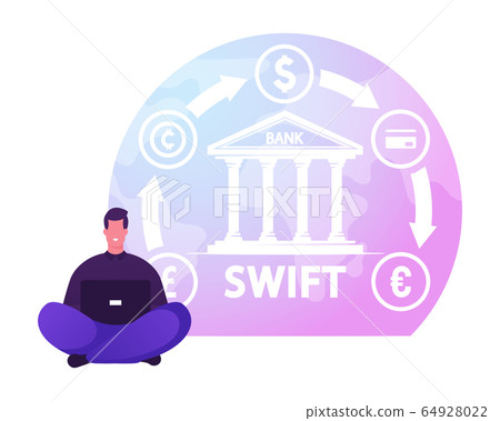 Swift, Society Worldwide Interbank Financial Telecommunication Concept. Businessman Sitting with Laptop near Bank 64928022
