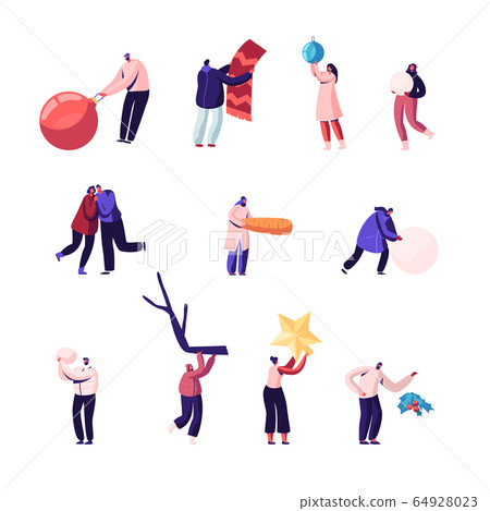 Winter Time Outdoor and Indoor Leisure Activities Set Isolated on White Background. People Decorate Christmas Tree 64928023