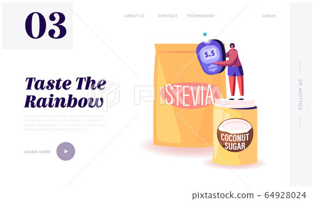 Natural Sweeteners for Diabetic People Website Landing Page. Tiny Woman Stand on Coconut Sugar Box near Stevia Package 64928024