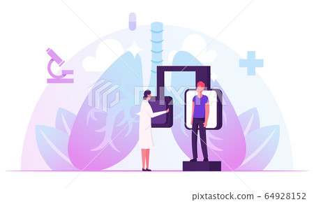 Fluorographic Examination, X-ray Medical Diagnostics Checkup. Radiology Equipment for Patient Pulmonology Disease 64928152