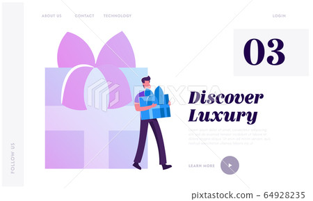 Customers Care and Loyalty Program Website Landing Page. Man Buyer Carry Wrapped Gift Box in Store Customers Care and Loyalty Program Website Landing Page. Man Buyer Carry Wrapped Gift Box in Store 64928235