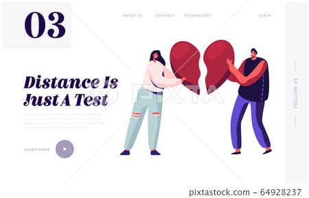 Heartbroken Couple Parting, Divorce Landing Page. Sad Young Man and Woman Trying to Put Together Parts of Broken Heart 64928237