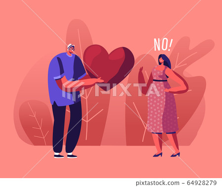 Unrequited Love Concept. Loving Man Giving Huge Red Heart to Woman Rejecting his Feelings Saying No 64928279