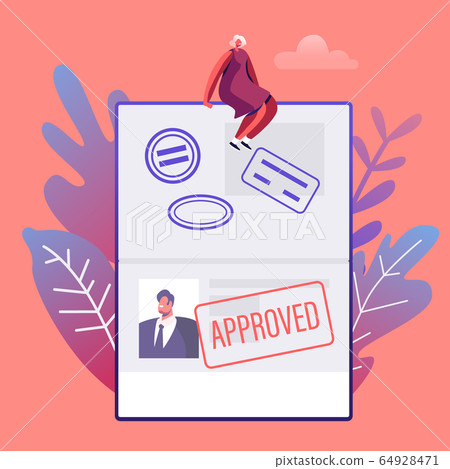 People Travelling Abroad Concept. Happy Young Woman in Summer Hat and Dress Sitting on Huge Open Foreign Passport People Travelling Abroad Concept. Happy Young Woman in Summer Hat and Dress Sitting on Huge Open Foreign Passport 64928471