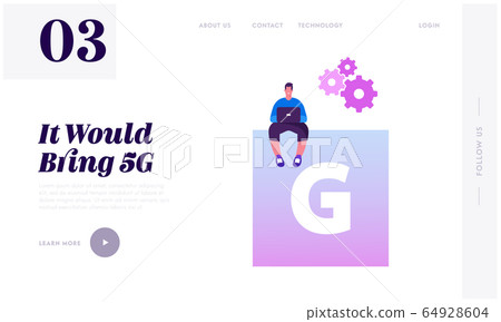 Communication Services for Gadgets, Smart Technologies Website Landing Page. Man with Laptop Using 5G Internet Communication Services for Gadgets, Smart Technologies Website Landing Page. Man with Laptop Using 5G Internet 64928604