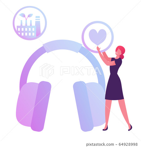 Hse Concept. Woman Holding Heart Icon in Hands Stand near Huge Headset for Workers Ears Protection on Factory 64928998