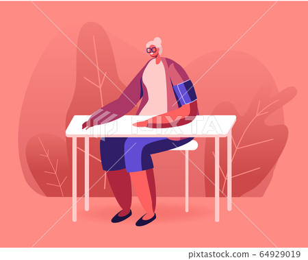 Senior Woman with Tonometer Cuff on Shoulder Measuring Arterial Blood Pressure Sitting at Table. Hypertension Senior Woman with Tonometer Cuff on Shoulder Measuring Arterial Blood Pressure Sitting at Table. Hypertension 64929019