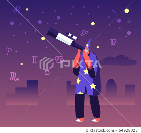Astrologer in Costume and Cap Watching on Moon and Stars through Telescope Studying Space. Astrology School, Cosmos 64929028