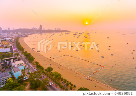 Beautiful tropical beach sea ocean bay with architecture building and ship around pattaya city Beautiful tropical beach sea ocean bay with architecture building and ship around pattaya city 64929091