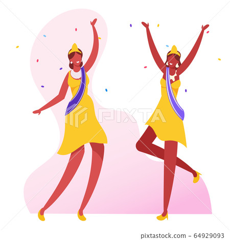 Women Wearing Festival Dresses, Crowns and Shoulder Ribbon Isolated on White Background. Girl Dancing at Carnival in Rio Women Wearing Festival Dresses, Crowns and Shoulder Ribbon Isolated on White Background. Girl Dancing at Carnival in Rio 64929093