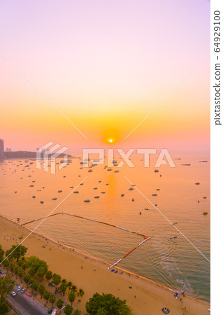 Beautiful tropical beach sea ocean bay with architecture building and ship around pattaya city Beautiful tropical beach sea ocean bay with architecture building and ship around pattaya city 64929100