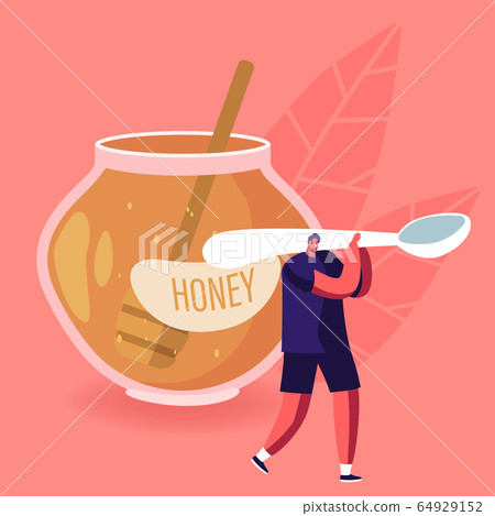 Natural Healthy Sweeteners Concept. Tiny Male Character Carry Huge Spoon near Glass Jar Full of Honey 64929152