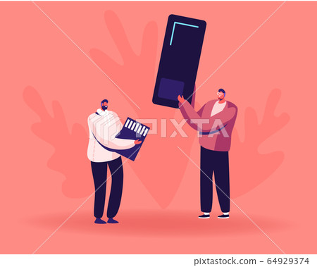 People Using Smartphone Technologies and Digital Devices. Male Character Holding Giant Mobile Phone 64929374