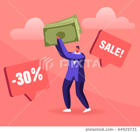 Total Sale Concept. Young Man Customer Holding Huge Money Bills with Percent Symbol. Special Shopping Offer Promotion 64929735