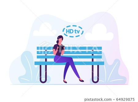 Young Woman Sitting on Bench with Tablet in Hands Communicating Online and Watching HD Tv Programs Using High-speed 5G 64929875