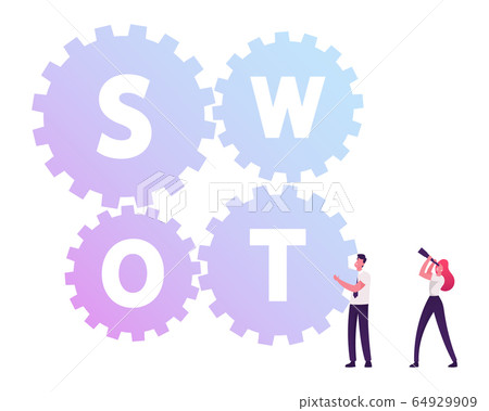 Businessman Moving Huge Cogwheels with Swot Typography, Businesswoman Looking through Spyglass 64929909