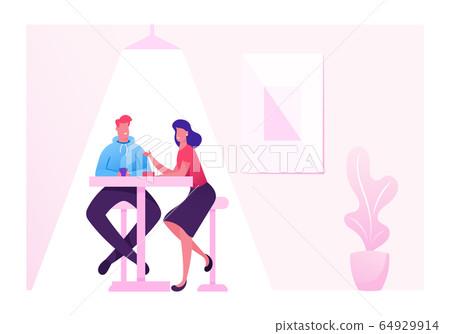 People Visit Cafe Sitting at Table Drinking Beverages in Modern Restaurant Interior. Man and Woman Having Conversation People Visit Cafe Sitting at Table Drinking Beverages in Modern Restaurant Interior. Man and Woman Having Conversation 64929914