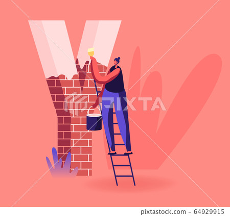 Happy Smiling Woman Stand on Ladder Holding Bucket with Paint and Brush Painting Huge Letter Y Made of Red Bricks Happy Smiling Woman Stand on Ladder Holding Bucket with Paint and Brush Painting Huge Letter Y Made of Red Bricks 64929915