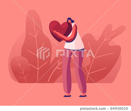 Happy Woman Embrace Huge Red Heart with Smiling Expression on Face. Valentines Day Greetings, Girl Enjoying Loving 64930010