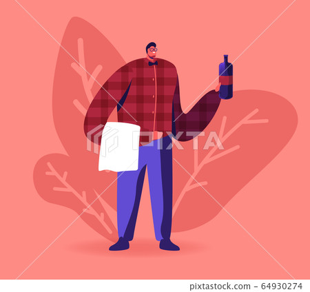 Young Waiter Male Character Holding Red Wine Bottle and White Towel. Restaurant or Bar Staff Serving Customer Young Waiter Male Character Holding Red Wine Bottle and White Towel. Restaurant or Bar Staff Serving Customer 64930274