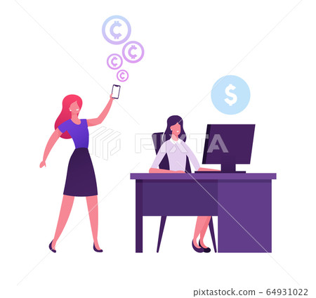 Businesswoman or Bank Worker Sitting at Desk with Pc, Woman Using Smartphone for International Payment 64931022