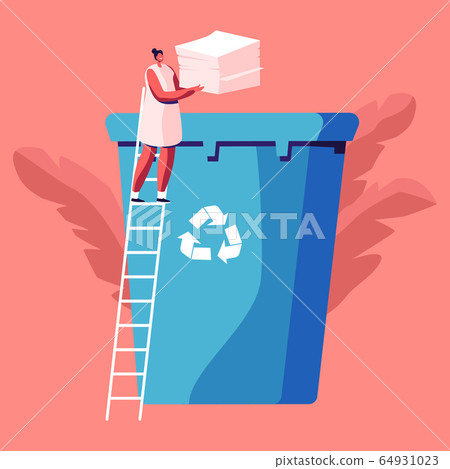 Female Character Throw Paper Trash into Litter Bin Container with Recycling Sign. Ecology Protection, Earth Pollution 64931023