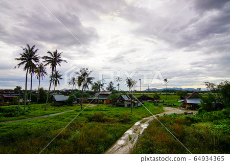 Aerial view small path towards Malays village Aerial view small path towards Malays village 64934365