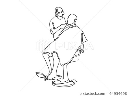 Illustration sketch doodle hand drawn - hairdresser using cut on hair of male with black lines isolated on white background 64934698