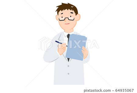 Illustration of a man in a white coat interviewing Illustration of a man in a white coat interviewing 64935067
