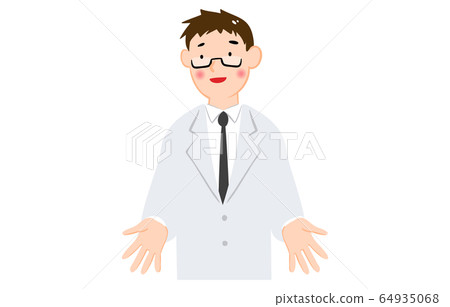 Illustration of a man in a white coat happily spreading his hands 64935068